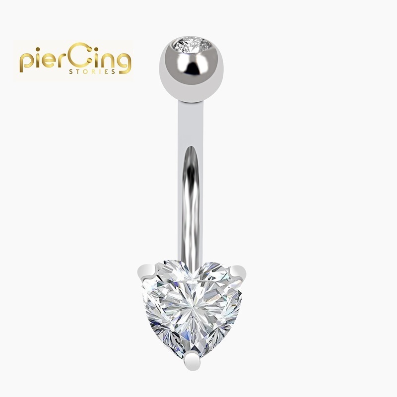 Piercing Stories 14K 18K Solid Gold Prong Set Heart CZ Stone Navel Bottom Belly Button Ring Piercing Jewelry