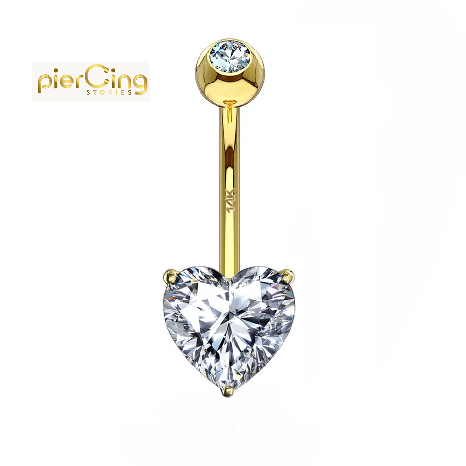 Piercing Stories 14K 18K Solid Gold Prong Set Heart CZ Stone Navel Bottom Belly Button Ring Piercing Jewelry