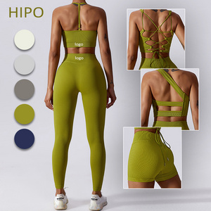 Nylon Spandex fitness sports yoga clothes 5-pieces suit wear outfits  high waist leggings gym bra ribbed seamless yoga wear sets