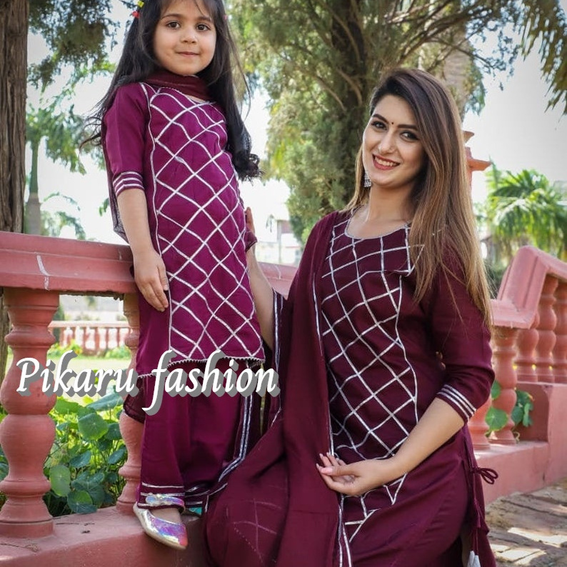 New Fashion Mother Daughter Designer Matching Three Quarter Red Dress With Dupatta