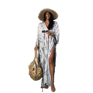 Black And White Tie Dye Cotton Summer Bohemian V-Neck Plus Size Long Kaftan For Women Casual Wear Dress