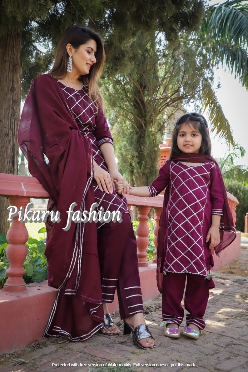 New Fashion Mother Daughter Designer Matching Three Quarter Red Dress With Dupatta