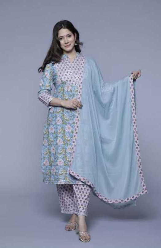 Hot Selling Indian Collection Printed Kurtis Floral Long Sleeve V-Neck Kurti With Pant Women 3 Set