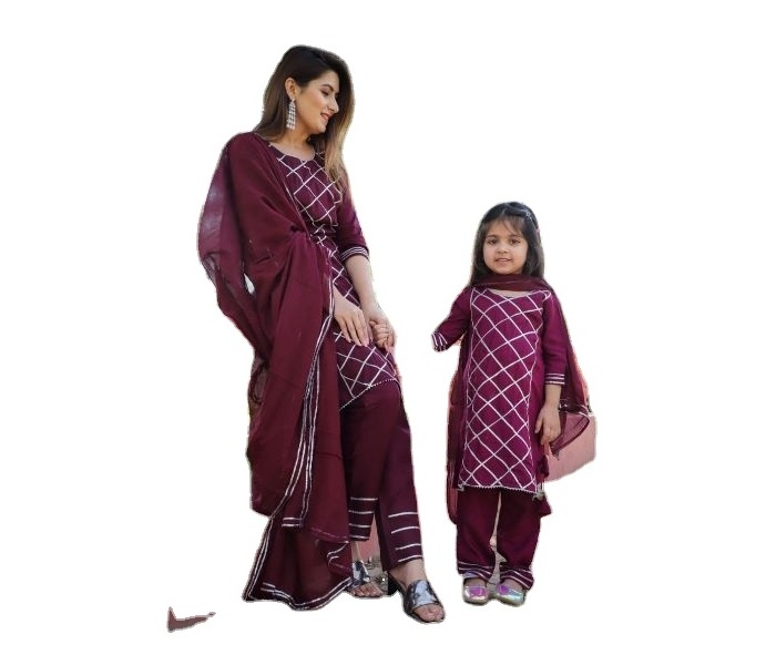 New Fashion Mother Daughter Designer Matching Three Quarter Red Dress With Dupatta