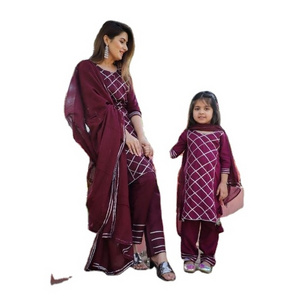 New Fashion Mother Daughter Designer Matching Three Quarter Red Dress With Dupatta