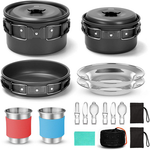 15pcs Outdoor Mess Kit Lightweight Pots Pan other Camping Cookware Sets with Cups Plates Forks