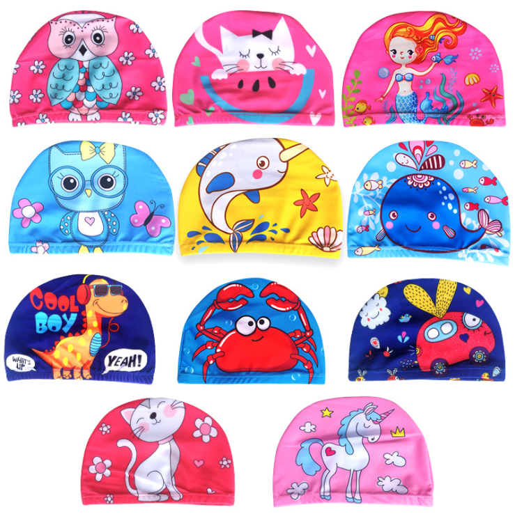 Kids Swimming Cap Cute Cartoon Fabric Swimming Pool Water Sport Protect Ears Hat Boys Girls Swim Bathing Hats Caps