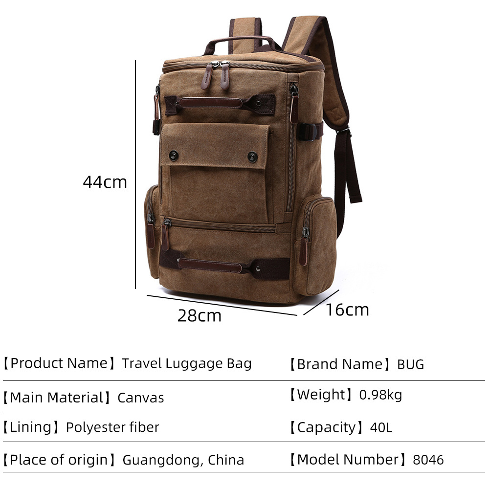 Hot sell custom 16oz canvas men rock climbing backpack vintage rucksack high quality durable leather hiking backpack bags 50L