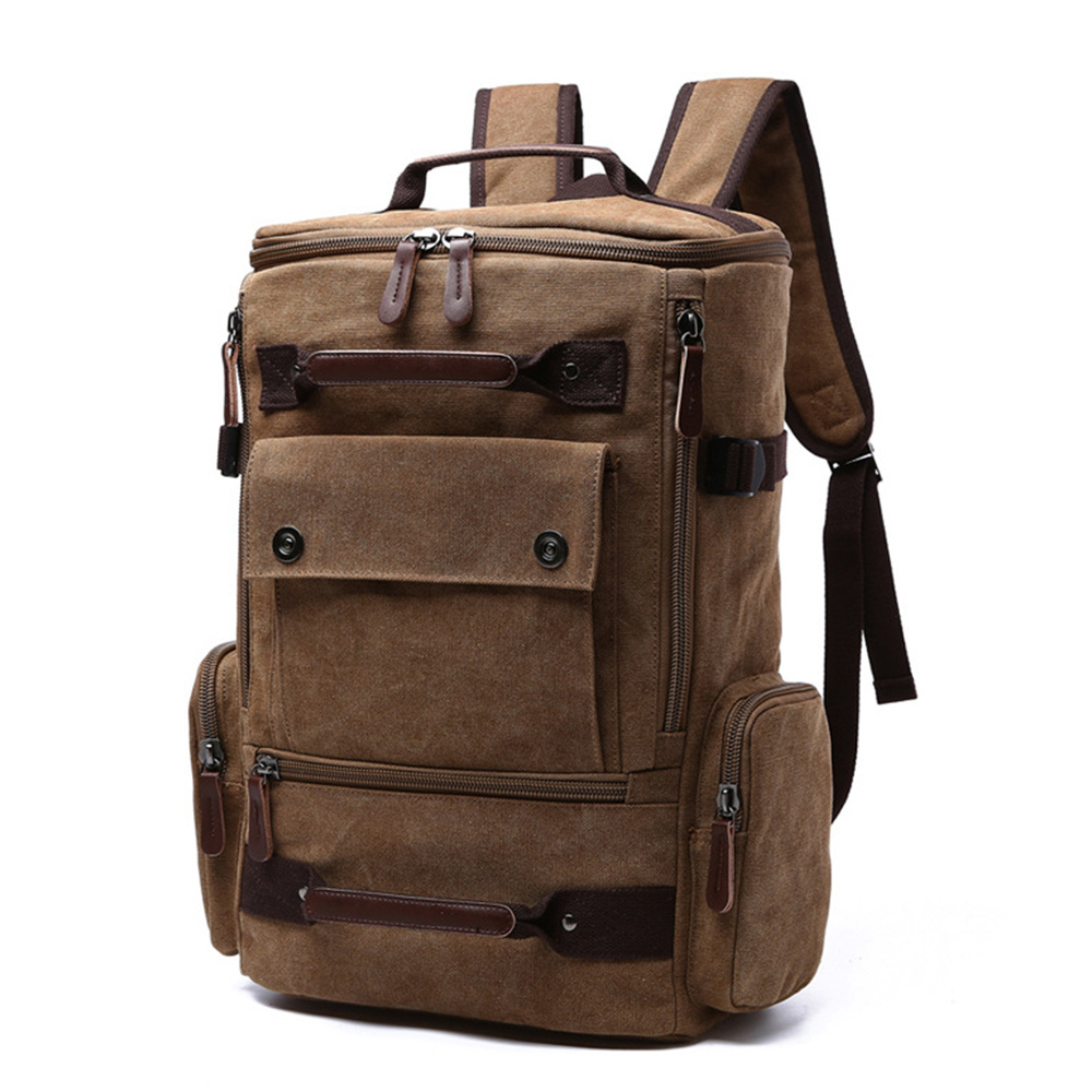 Hot sell custom 16oz canvas men rock climbing backpack vintage rucksack high quality durable leather hiking backpack bags 50L