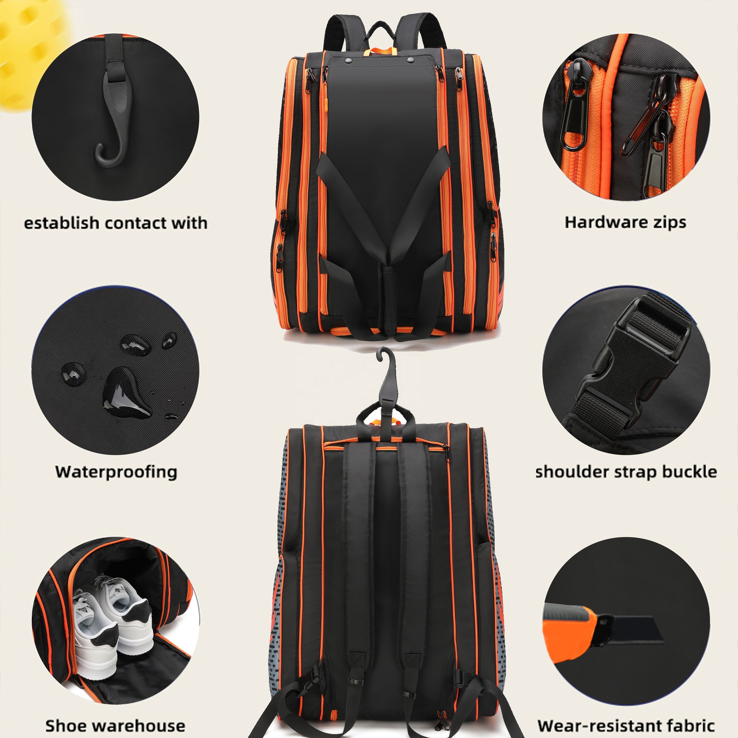 Customization Sports Design Pickleball Paddle Racket Backpack Tennis bag for Men Portable Waterproof Gym Bag with Shoe Pocket