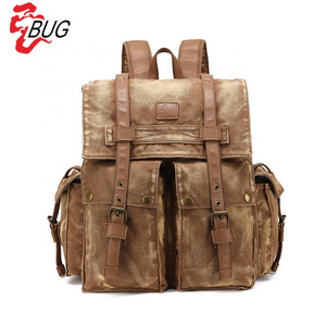 Customized wholesale coffee vintage back pack bag male drawstring rucksack hipster school man canvas leather backpack for men