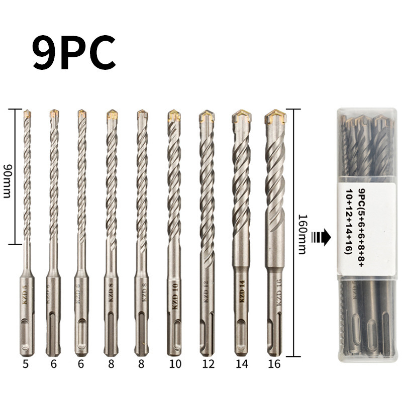 9pcs 5mm-16mm Drill Bit Cross Tips 4 Cutters 160mm Wall Brick Block Masonry Drilling Bits