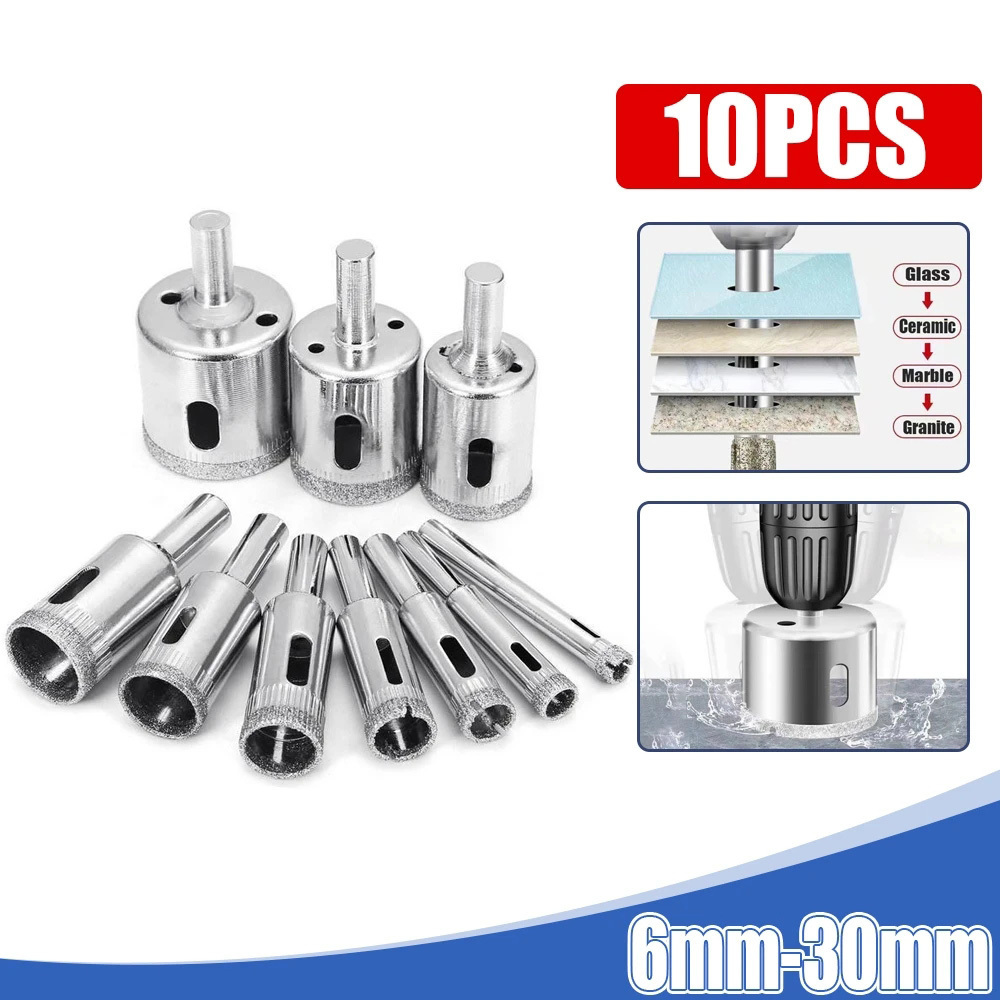 10pcs Diamond Coated Drill Bits Set Hole Saw Kit 6mm-30mm Tile Marble Glass Ceramic Drilling Bits