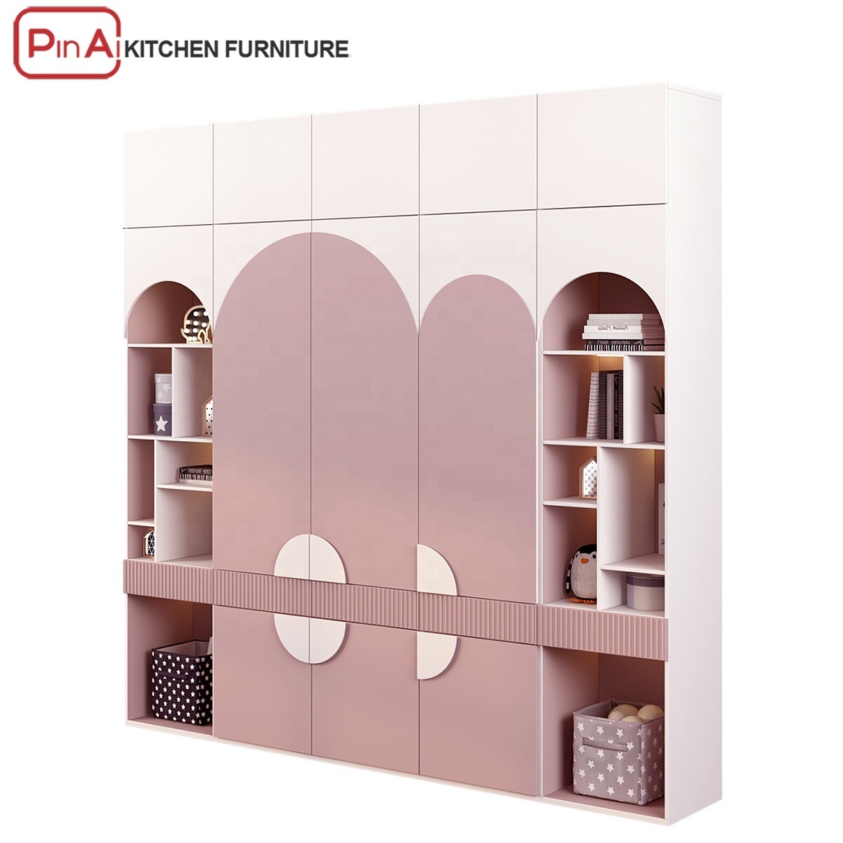 PINAI small almirah kids room 4 door pink wooden cupboards for bedroom baby wardrobe