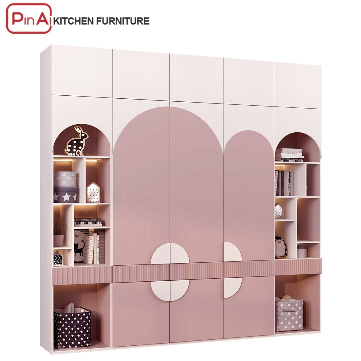 PINAI small almirah kids room 4 door pink wooden cupboards for bedroom baby wardrobe