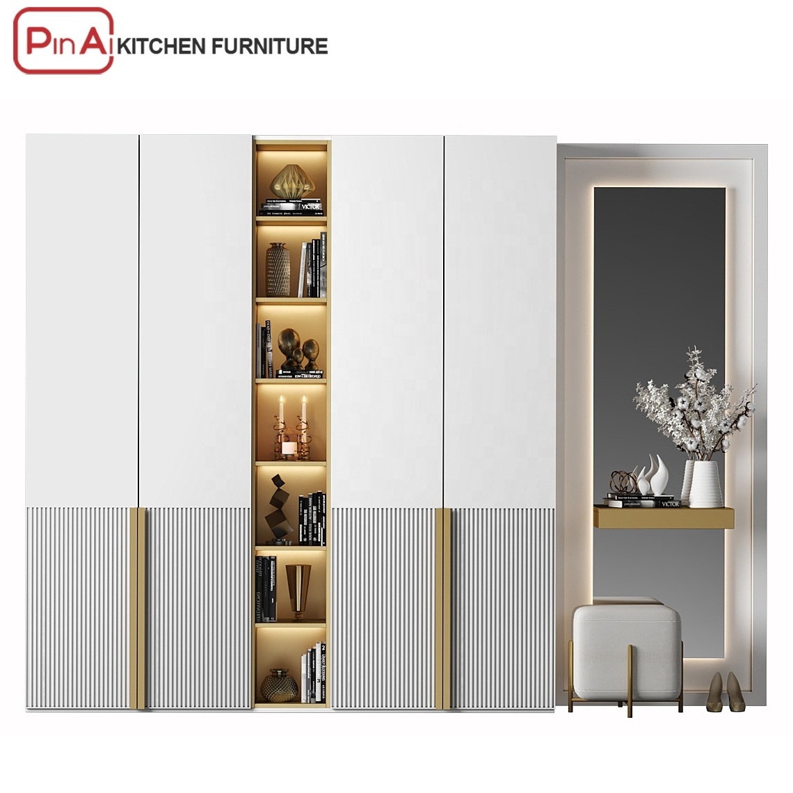 PINAI folding small mirror wood modern beds with white wardrobe walkin shoes closet