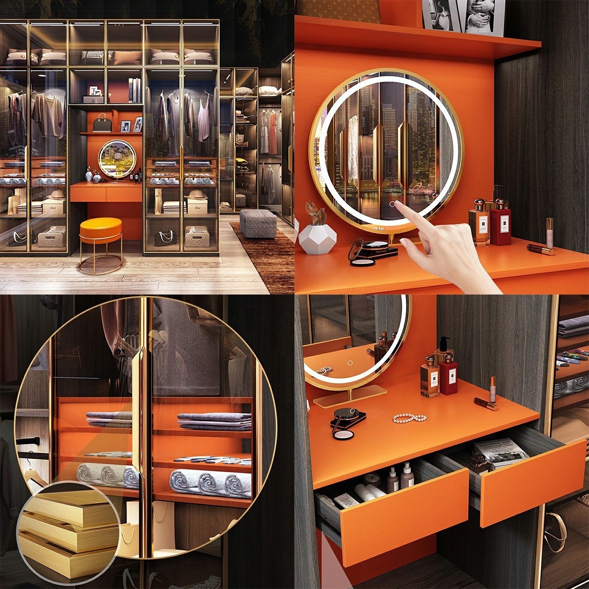 PINAI design luxury walk in closet accessories sliding door mirror wardrobes with dressing table