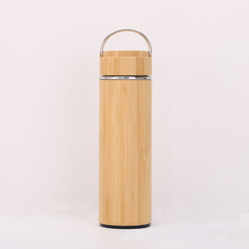 Premium Bamboo Stainless Steel Vacuum Insulated Thermo Bottle 500ml Double Walled Coffee Tea Infuser Tumbler Flask with Handle