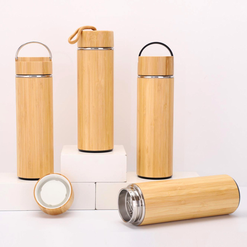 Premium Bamboo Stainless Steel Vacuum Insulated Thermo Bottle 500ml Double Walled Coffee Tea Infuser Tumbler Flask with Handle