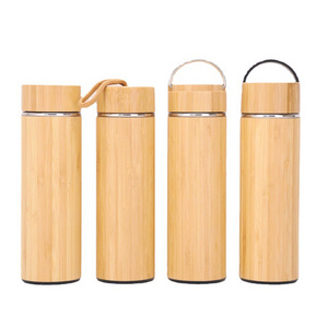 Premium Bamboo Stainless Steel Vacuum Insulated Thermo Bottle 500ml Double Walled Coffee Tea Infuser Tumbler Flask with Handle