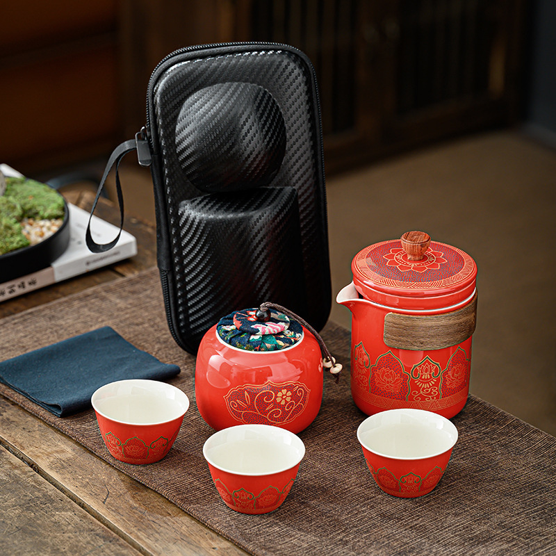 Mini Portable Ceramic Travel Teapot And Cup Set One Tea Pot Three Tea Cups Tea Pot Set With Package Bag