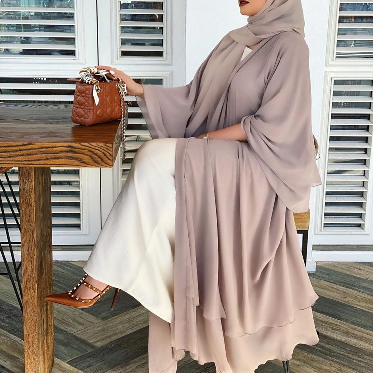 Drop Shipping Kimono Open Abaya New Modest Layered Chiffon Long Sleeve Cardigan Islamic Clothing Women Muslim Dress Dubai Abaya