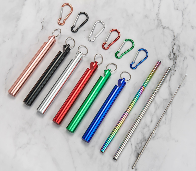 Stainless Steel Folding Collapsible Drinking Straw Kit Pocket Reusable Telescopic Metal Straw with Bottle Opener