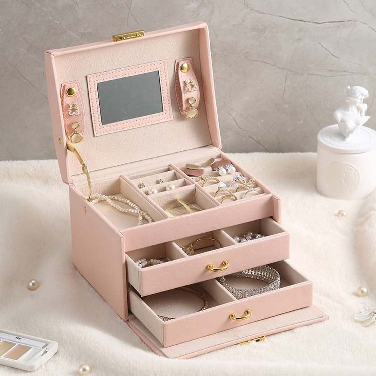 High Quality Medium Sized Women Girls 3 Layer Pu Jewelry Storage Box With Lock