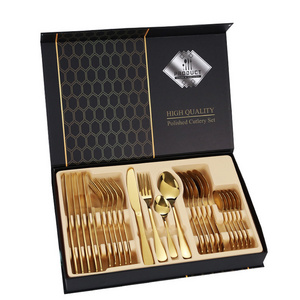 High Quality Luxury Golden 24pcs Spoon Fork Sets Restaurant Silver Stainless Steel Cutlery for Wedding