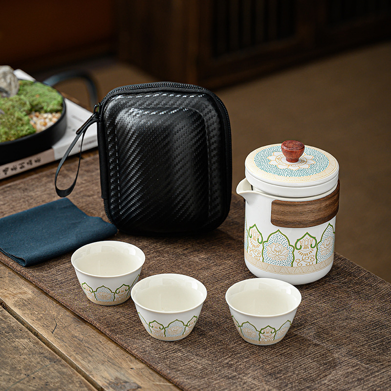 Mini Portable Ceramic Travel Teapot And Cup Set One Tea Pot Three Tea Cups Tea Pot Set With Package Bag