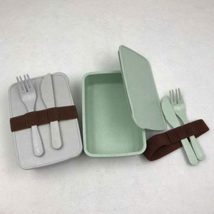 Biodegradable Recycle Bamboo Fiber Plastic Bento Lunch Box with Fork Spoon and Knife Set