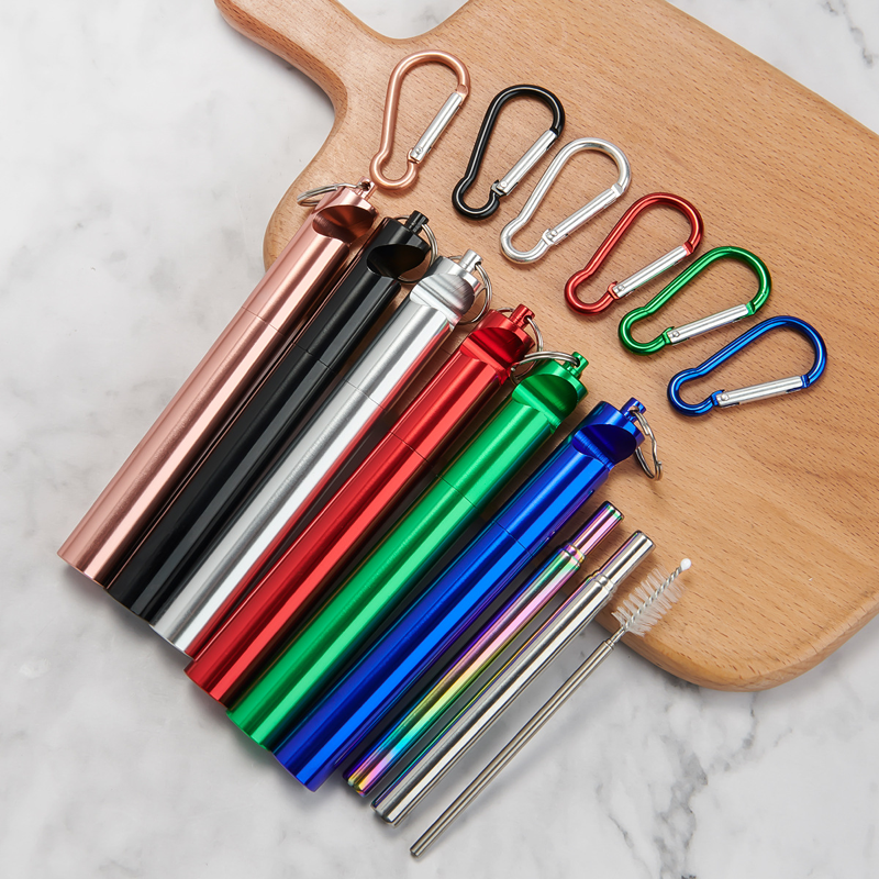 Stainless Steel Folding Collapsible Drinking Straw Kit Pocket Reusable Telescopic Metal Straw with Bottle Opener