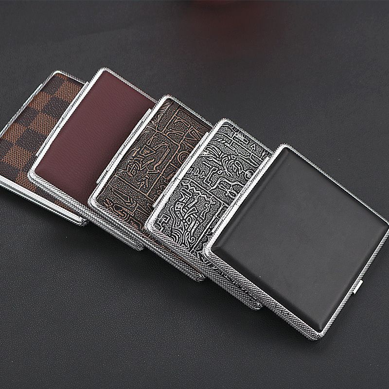 Square Shape 20pc Capacity Anti-Pressure Metal Cigarette Case PU Leather Surface Smoking Box