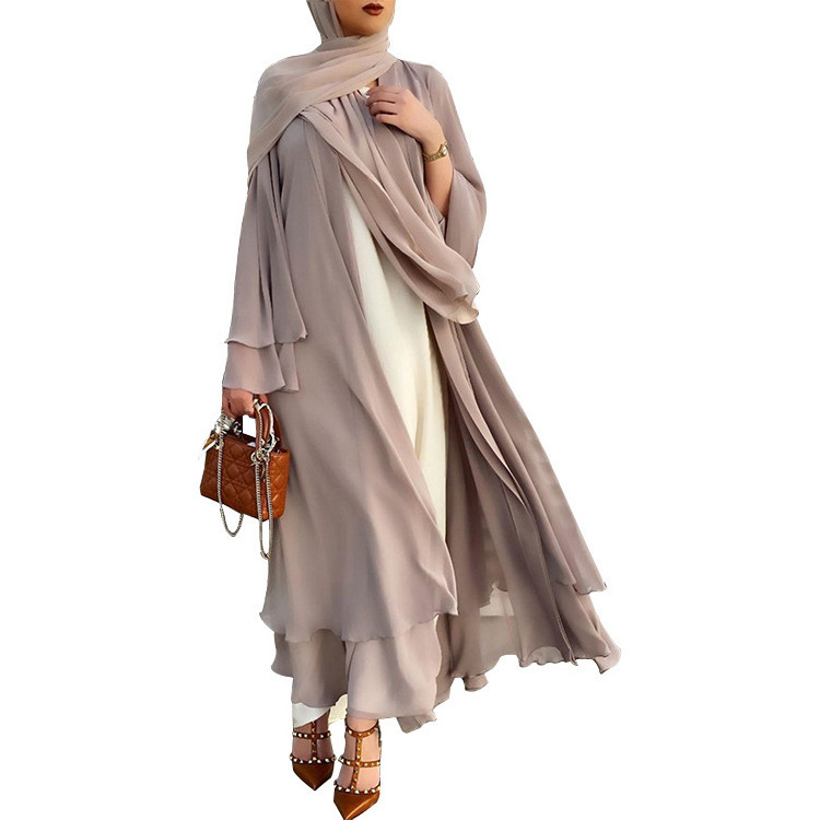 Drop Shipping Kimono Open Abaya New Modest Layered Chiffon Long Sleeve Cardigan Islamic Clothing Women Muslim Dress Dubai Abaya