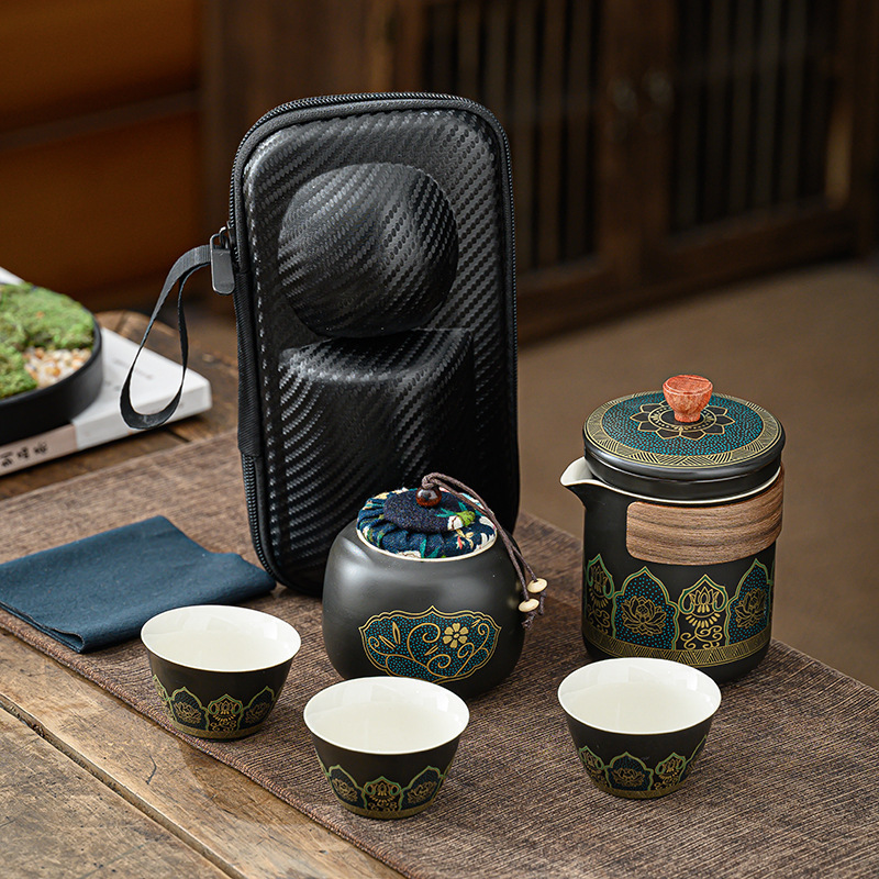 Mini Portable Ceramic Travel Teapot And Cup Set One Tea Pot Three Tea Cups Tea Pot Set With Package Bag