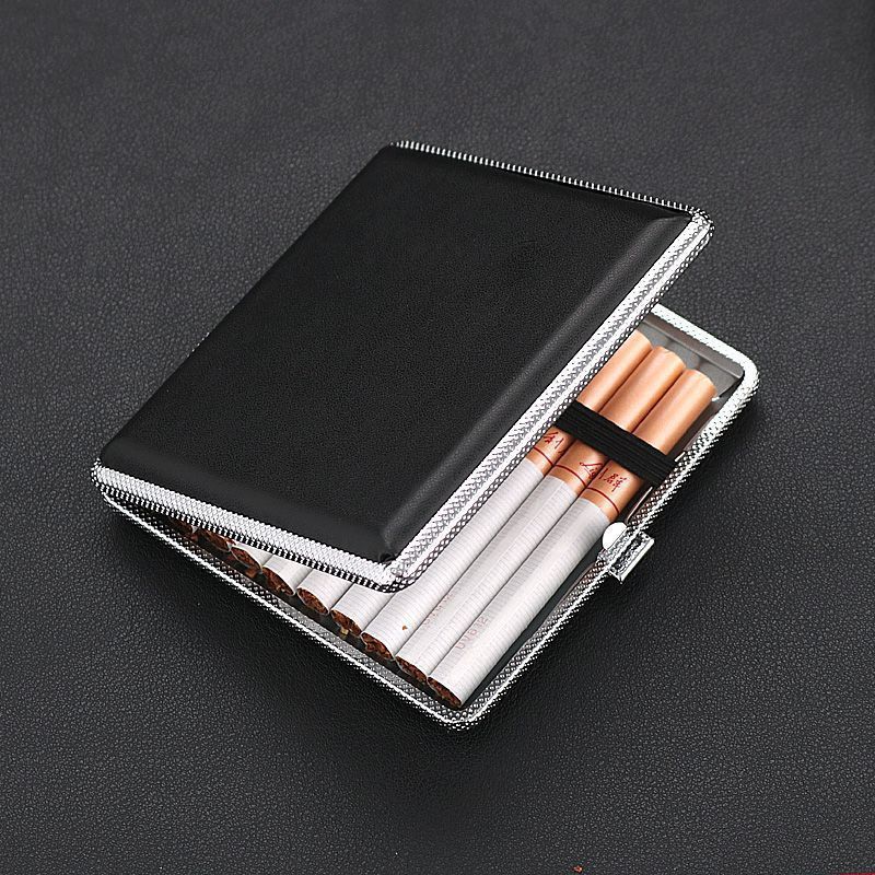 Square Shape 20pc Capacity Anti-Pressure Metal Cigarette Case PU Leather Surface Smoking Box