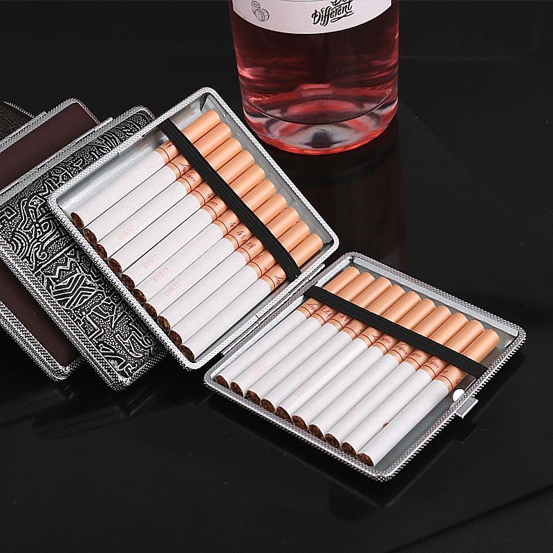 Square Shape 20pc Capacity Anti-Pressure Metal Cigarette Case PU Leather Surface Smoking Box