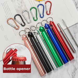 Stainless Steel Folding Collapsible Drinking Straw Kit Pocket Reusable Telescopic Metal Straw with Bottle Opener