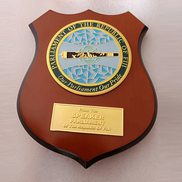 Custom Embossed Logo Wooden Shield Metal Trophy Award Wood Trophies Medals Plaques