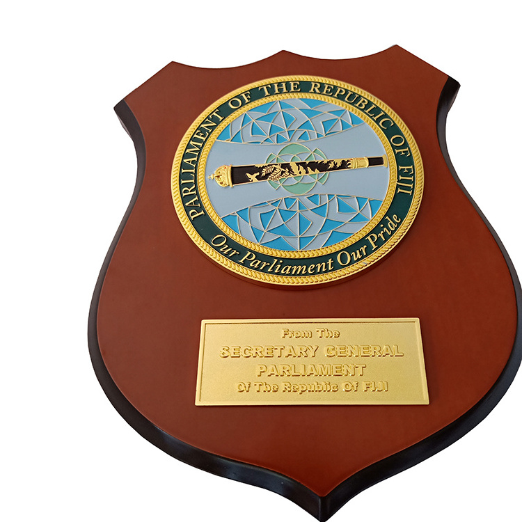 Custom Embossed Logo Wooden Shield Metal Trophy Award Wood Trophies Medals Plaques