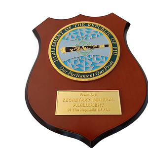 Custom Embossed Logo Wooden Shield Metal Trophy Award Wood Trophies Medals Plaques