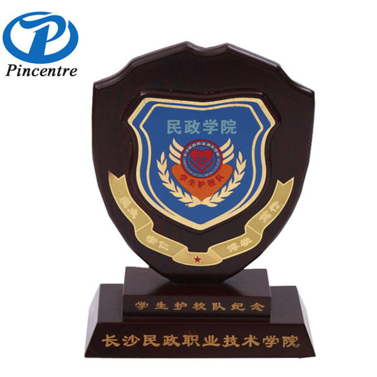 Custom Embossed Logo Wooden Shield Metal Trophy Award Wood Trophies Medals Plaques