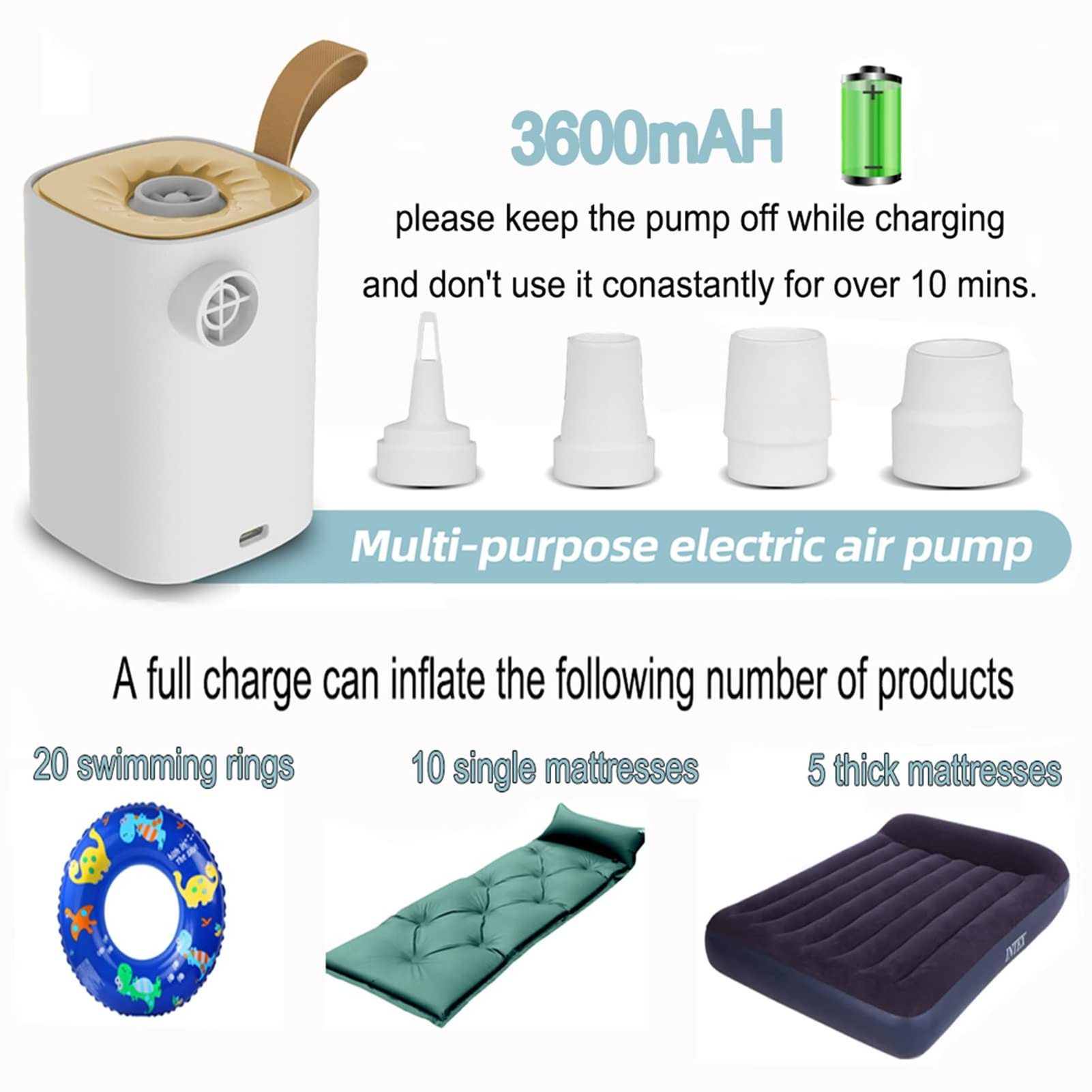 Portable Air Pump with 3600mAH Battery USB Rechargeable mini air Pump Camp -Quick Inflate Deflate Pool Toys, Floats, Swimming