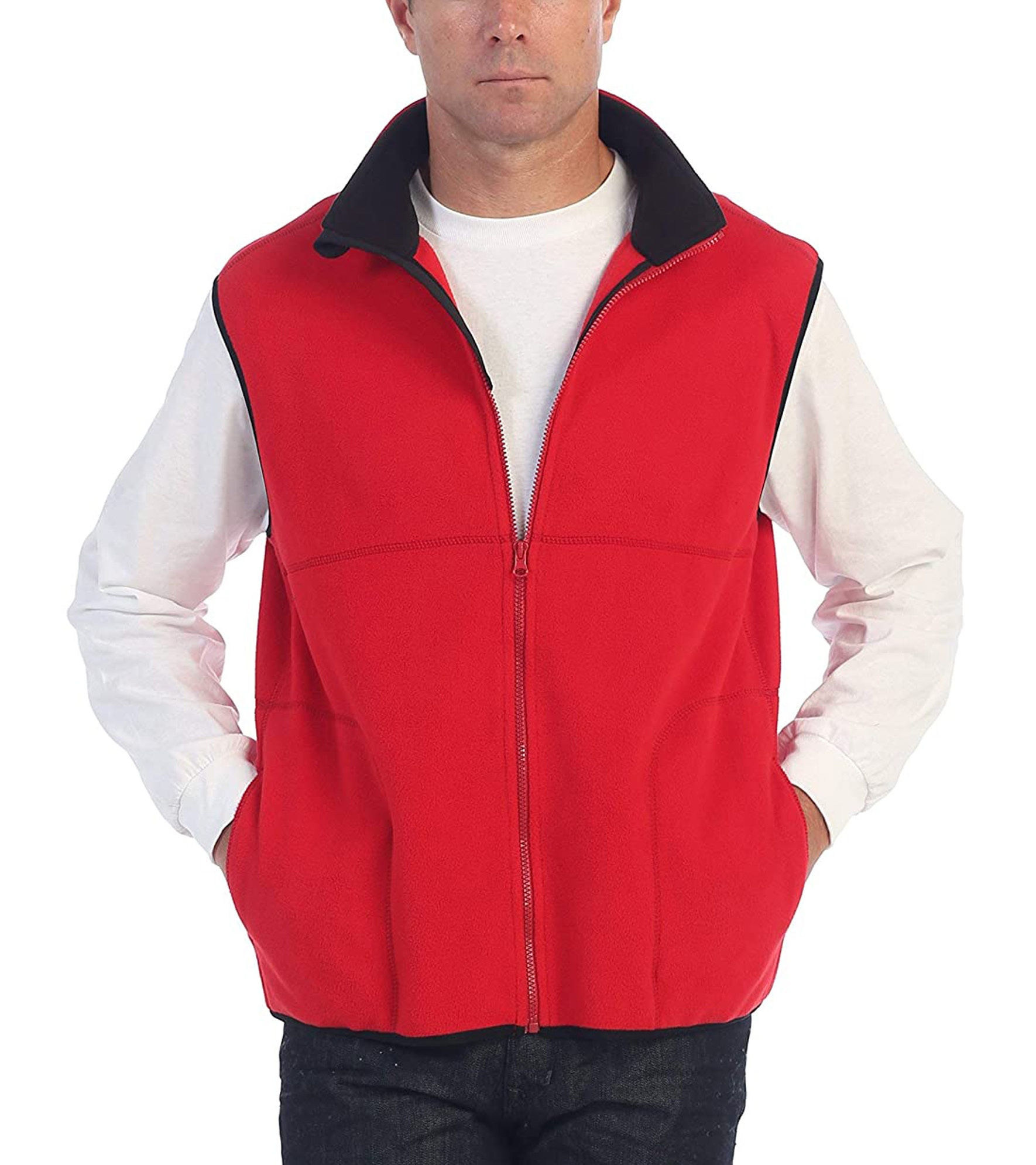 Full Zip Polar Fleece Warm Vest Mens Golf Vest for Outdoor Colorblock Sleeveless Sherpa Fleece Vest with Zip Chest Pocket