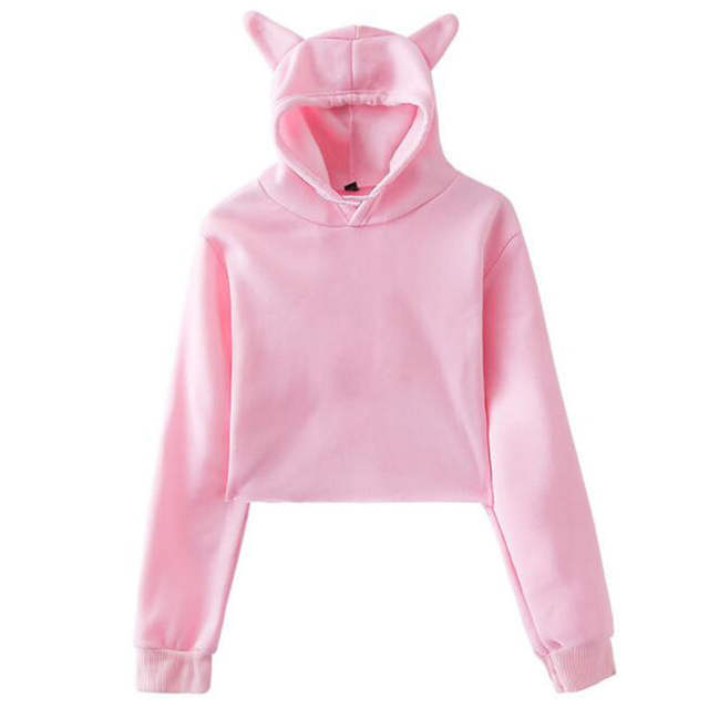 Drawstring Cropped Cat Hoodie Casual Womens Hoodies & Sweatshirts Woman Crop Top Cat Ears Hoodies Girl Sweatshirt