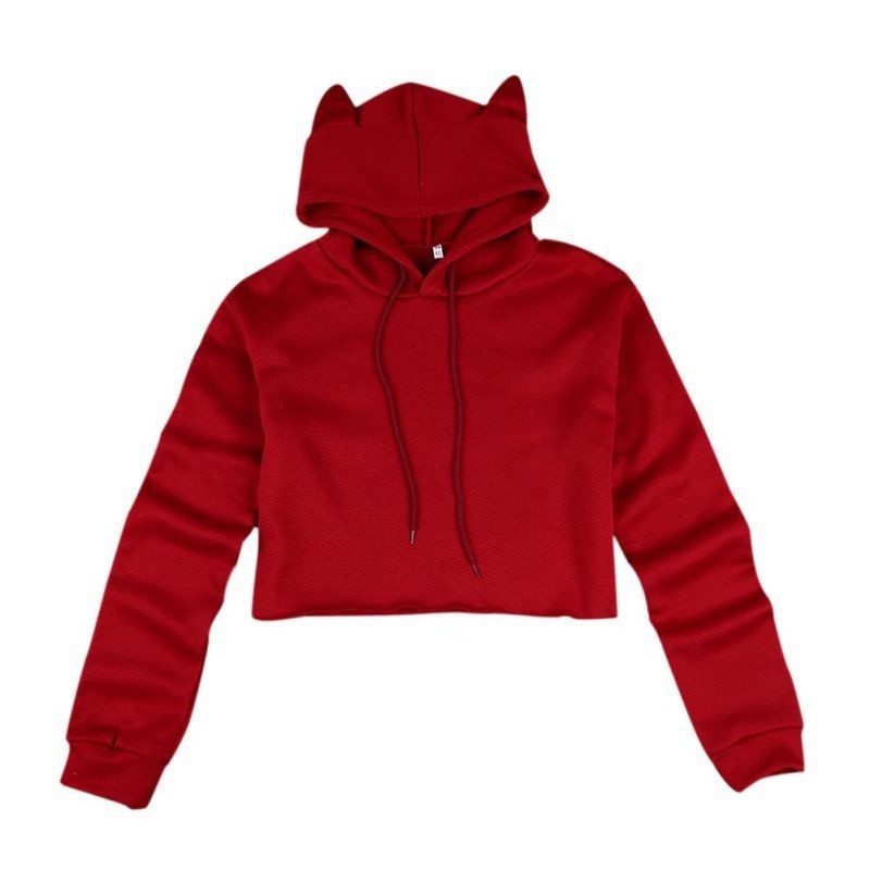 Drawstring Cropped Cat Hoodie Casual Womens Hoodies & Sweatshirts Woman Crop Top Cat Ears Hoodies Girl Sweatshirt