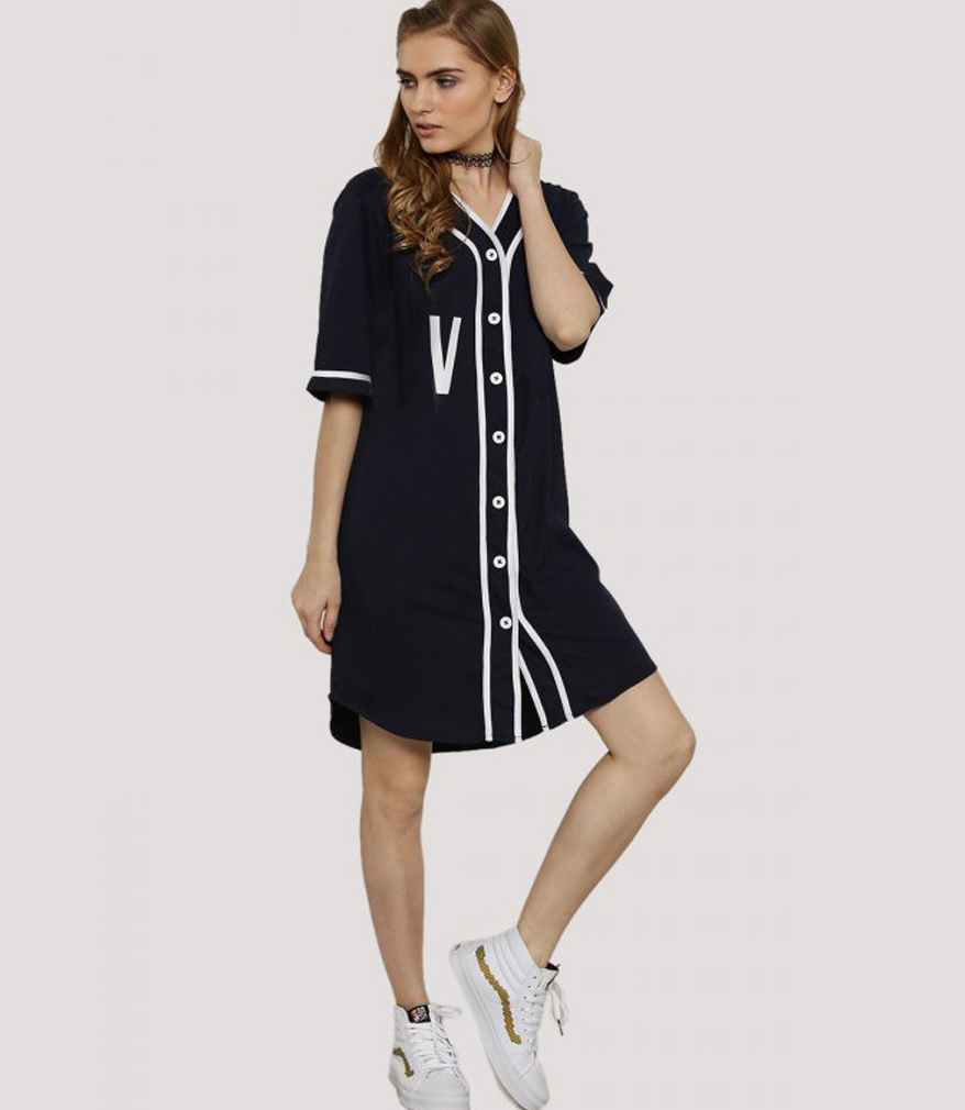 Baseball Jersey Dress with White Contrasting Taping Womens Navy Baseball Jersey Fitness Dress