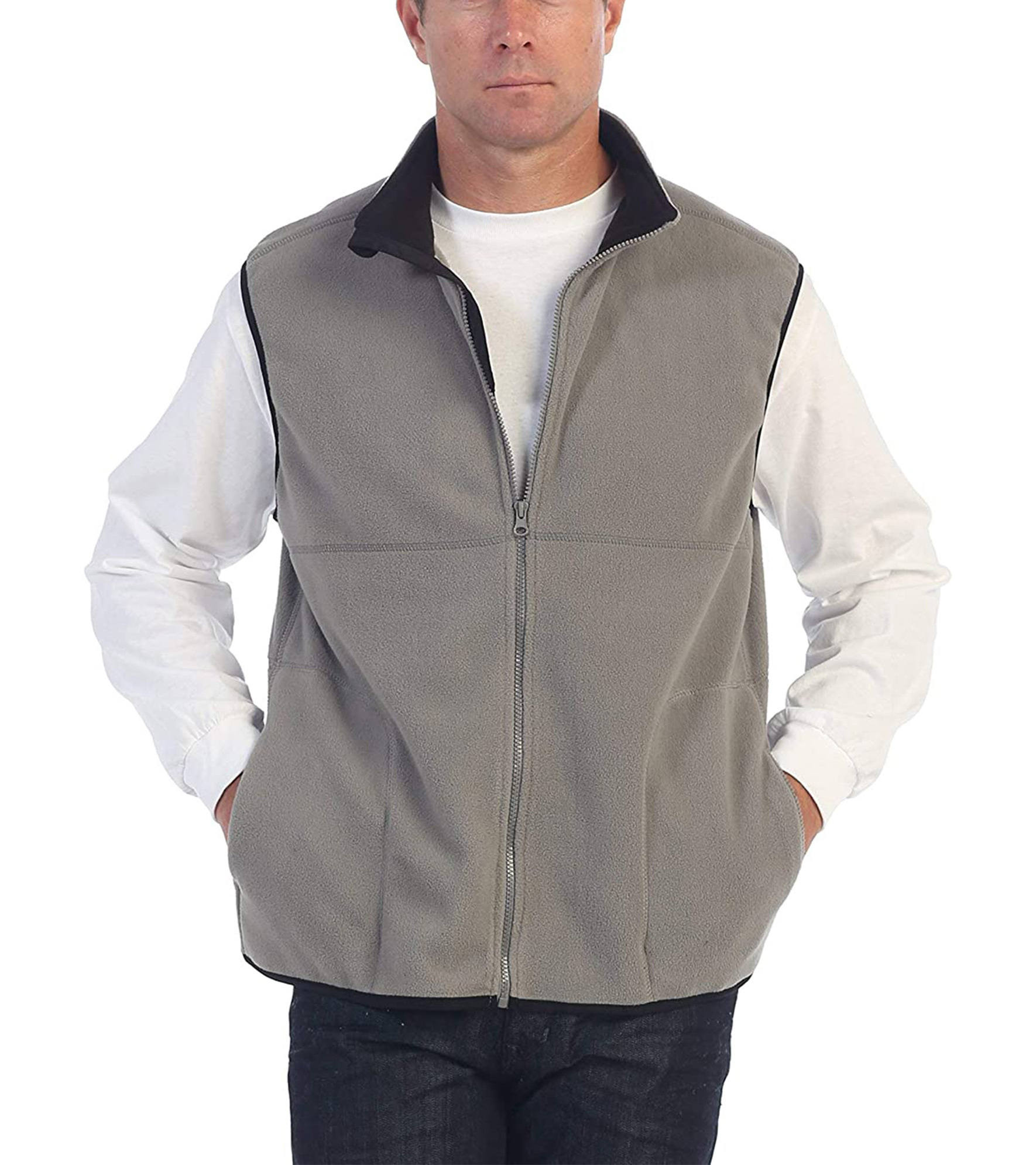 Full Zip Polar Fleece Warm Vest Mens Golf Vest for Outdoor Colorblock Sleeveless Sherpa Fleece Vest with Zip Chest Pocket