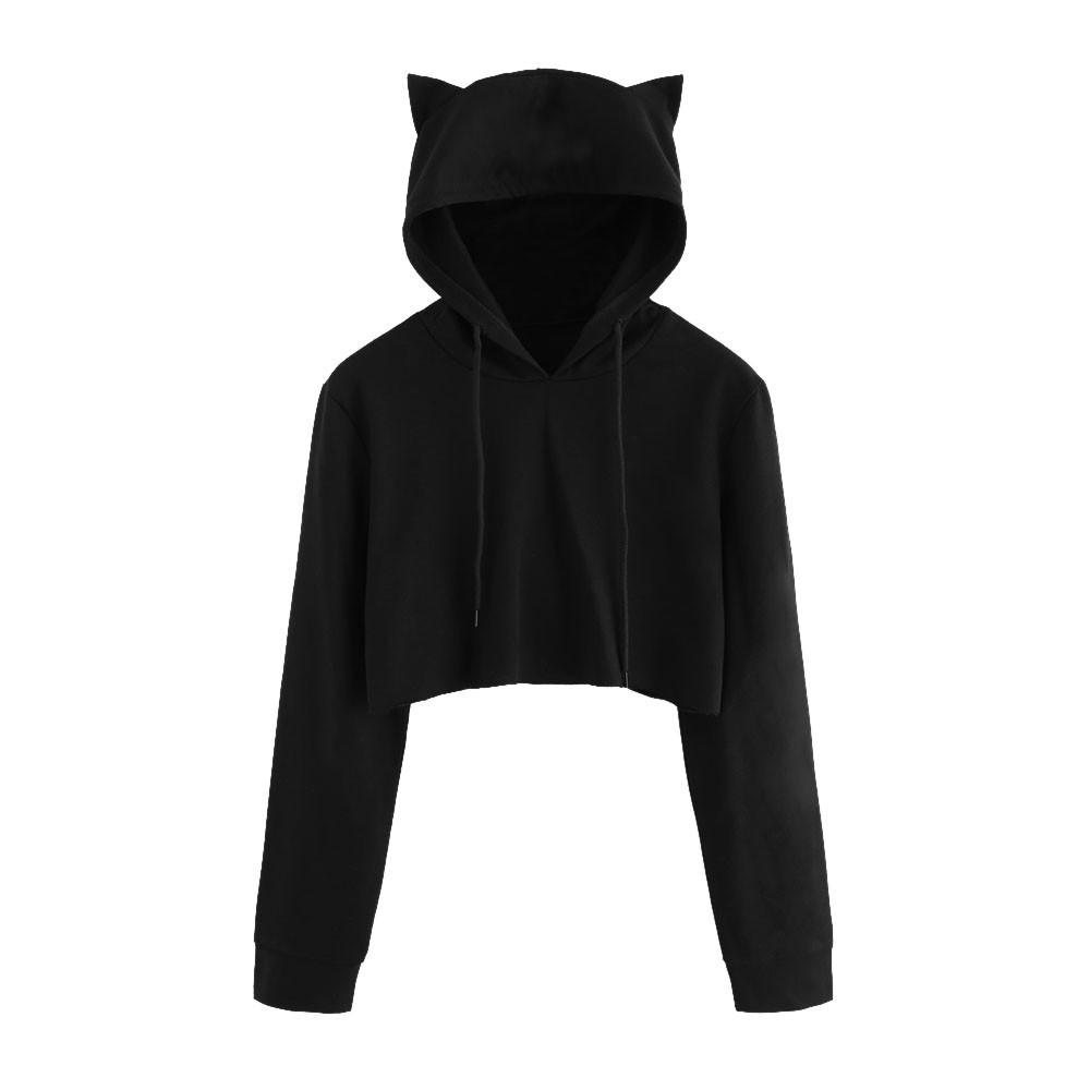 Drawstring Cropped Cat Hoodie Casual Womens Hoodies & Sweatshirts Woman Crop Top Cat Ears Hoodies Girl Sweatshirt