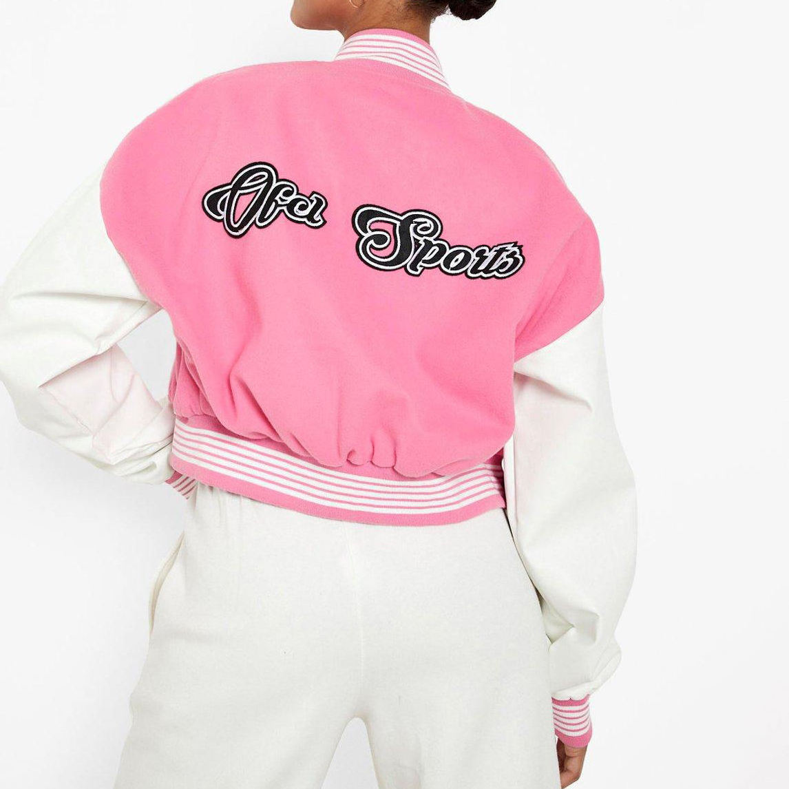 Wholesale Custom Women Blank Leather Sleeves Pink Wool Jacket Crop Varsity Jackets